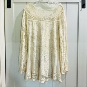 Crochet Lace Dress White Beige Bell Sleeve Short Size Medium
